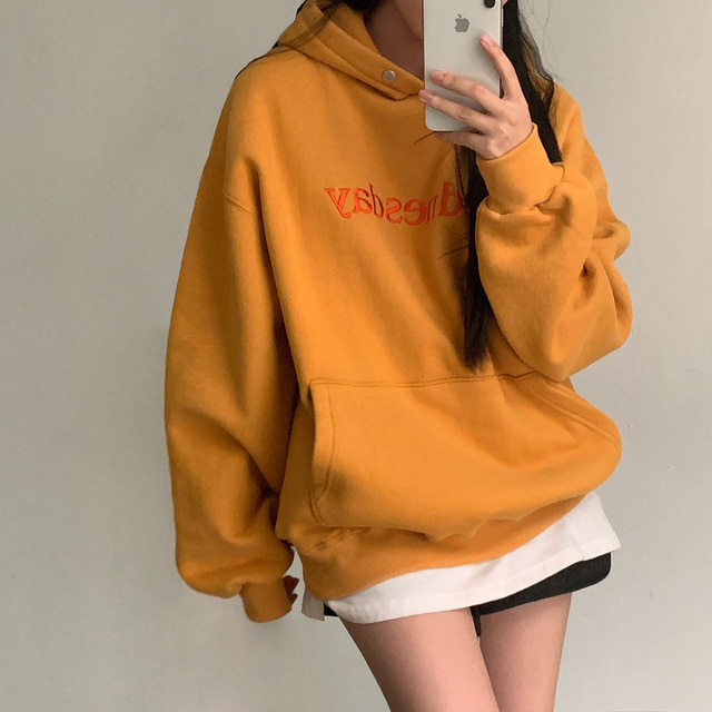 South Korea Chic Winter Student Loose Embroidery Hooded Fleece Lined Sweater