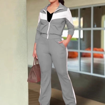 Fashionable And Comfortable Color-block Sporty Zip-up Jacket And Casual Pants Two-piece Set