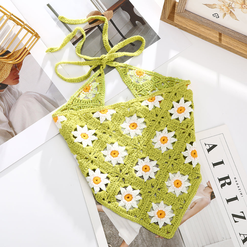 Girl Checker Crochet Triangle Scarf Headband Knitted Flower
