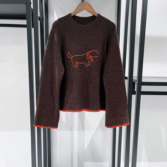 French-style Niche Cute Cartoon Puppy Sweater With A Round Neckline