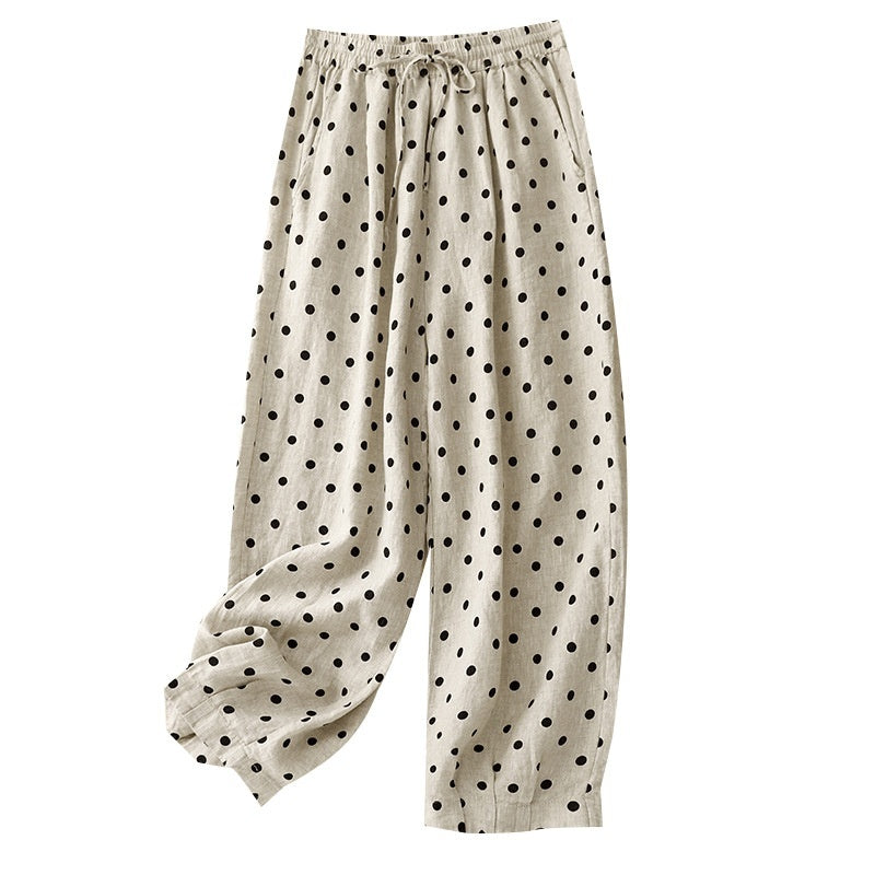 Cotton Hemp Polka Dots Tied Elastic Waist Harem Pants For Women