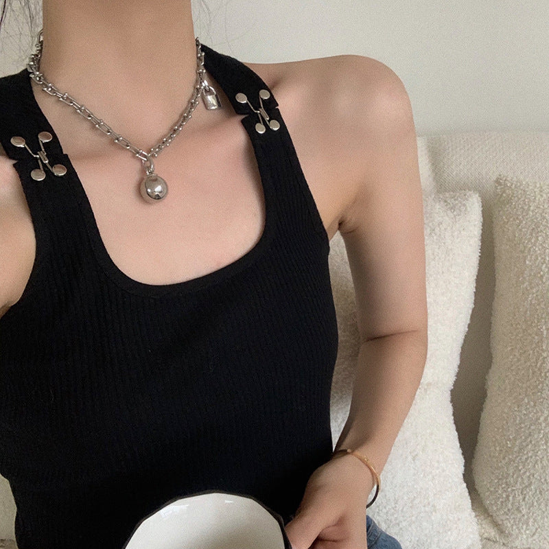 Spring Metal Buckle Embellished Shoulder Tank Top