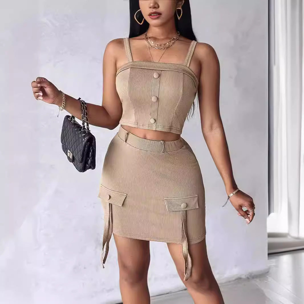 Buttoned Square-neck Camisole Top With Flap-detail Skirt Two-piece Set