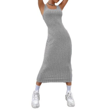 Solid Color Ribbed Matte Vest Style Long Dress Womens Style