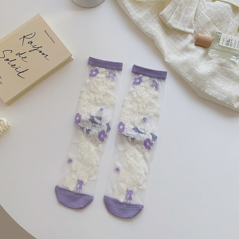 Spring And Summer Ultra-thin Breathable Retro Large Flower Spun Glass Mid-calf Socks Crystal Long Socks