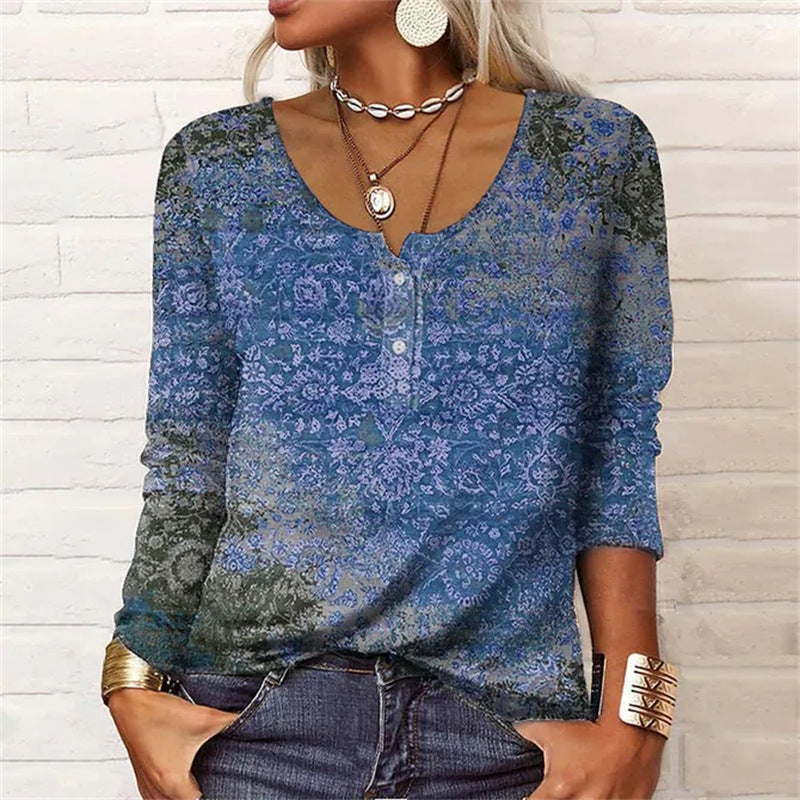 Loose Long-sleeved Geometric Floral U-neck Button T-shirt