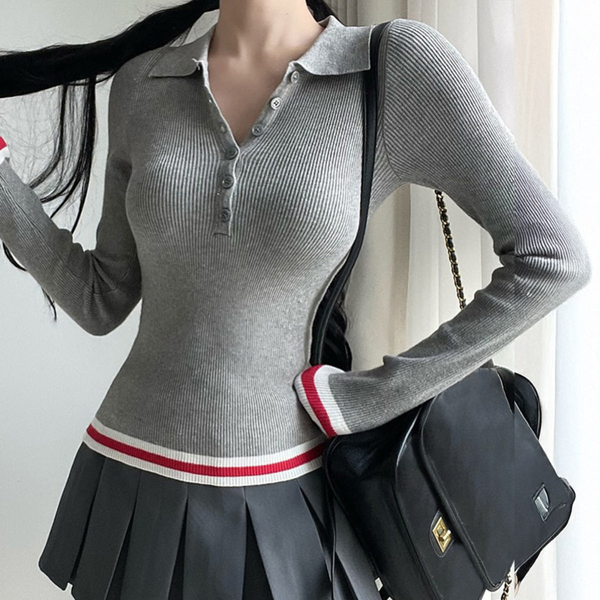 Elegant Commuter Lapel Long-Sleeve Knit Top