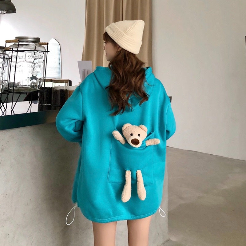 Fleece-lined Thick Loose Mid-length Bear Long-sleeved Sweater