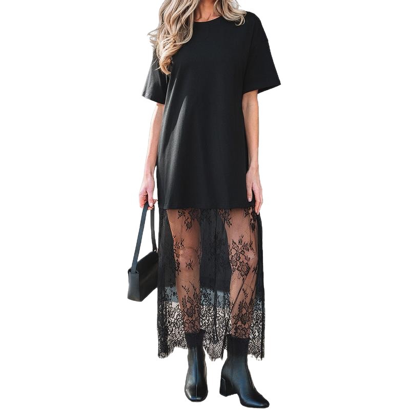 Plus-size Slimming Casual Solid-color Lace-panel Dress