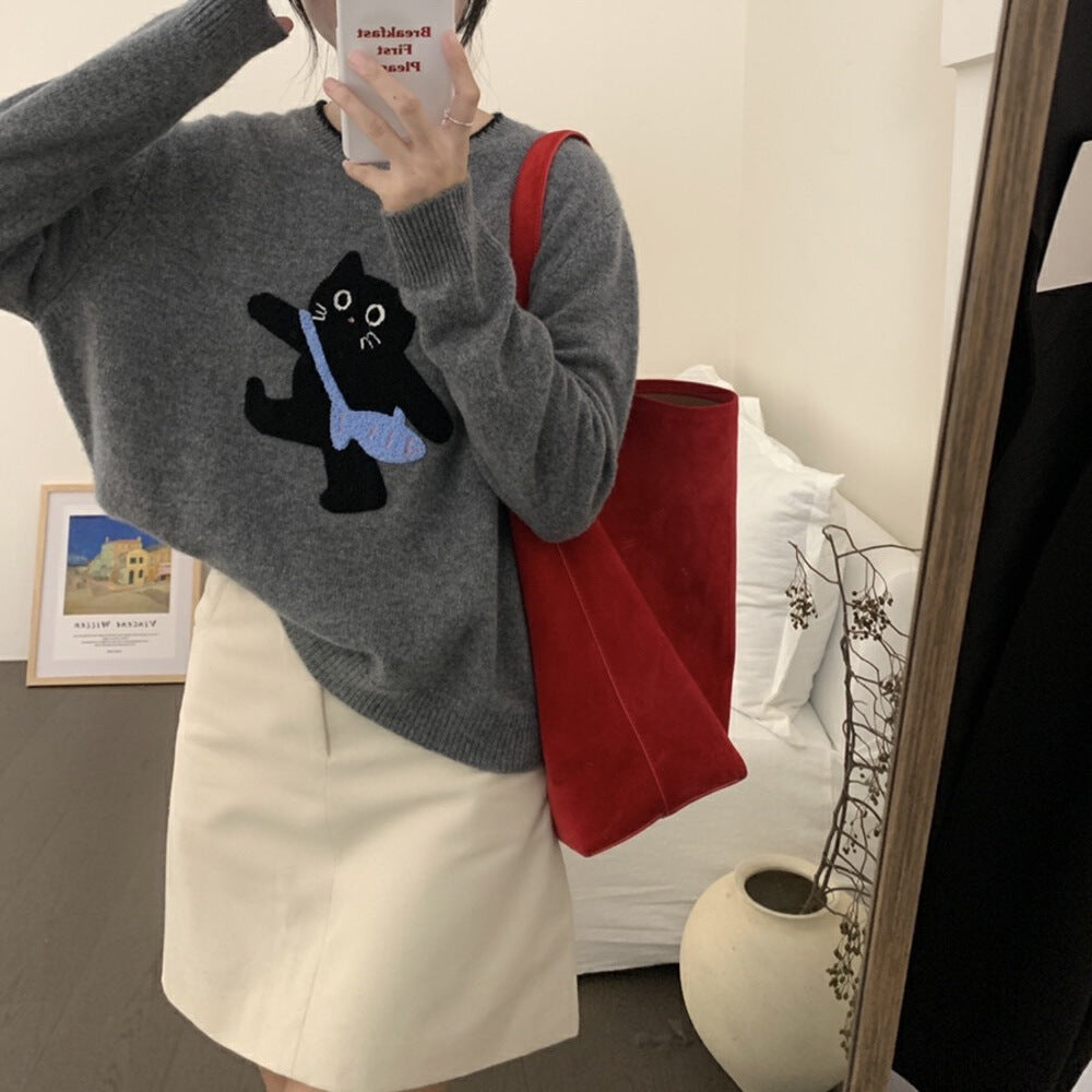 Women's All-match Cartoon Cat Round Neck Knitted Sweater