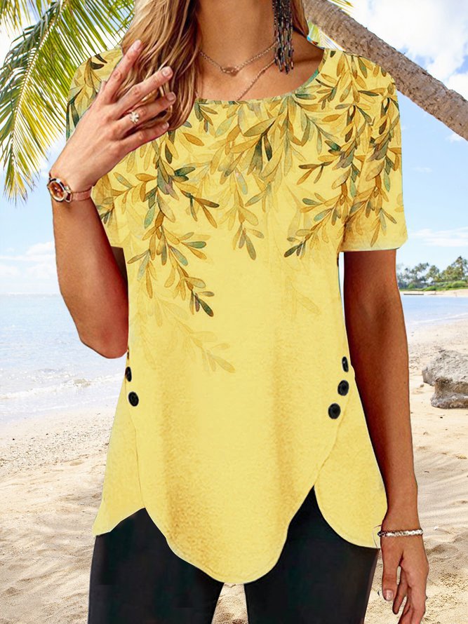Placed Print Buttons Irregular Hem Crew Neck Short Sleeves