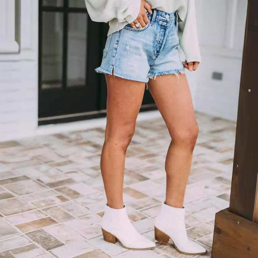 High-waisted Fringed Distressed Denim Shorts