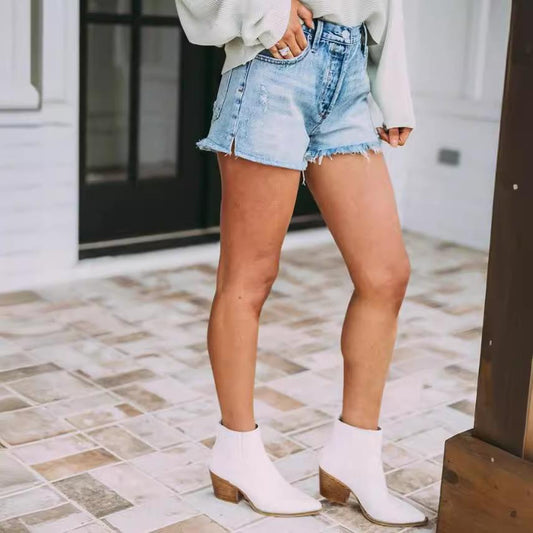 High-waisted Fringed Distressed Denim Shorts