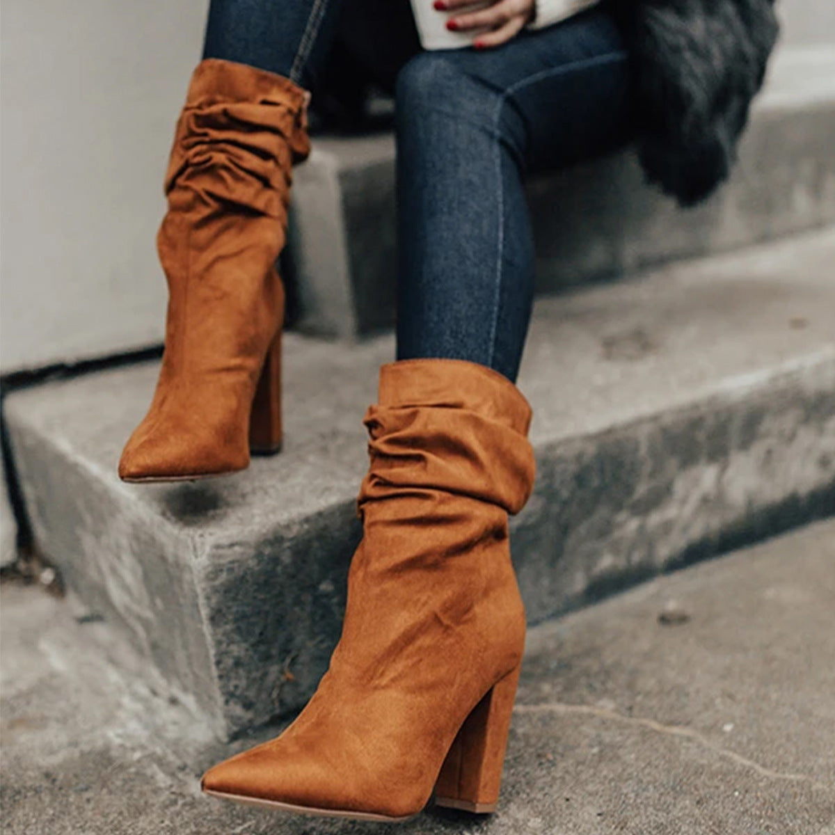 Side Zip High Block Heel Plus Size Short Boots