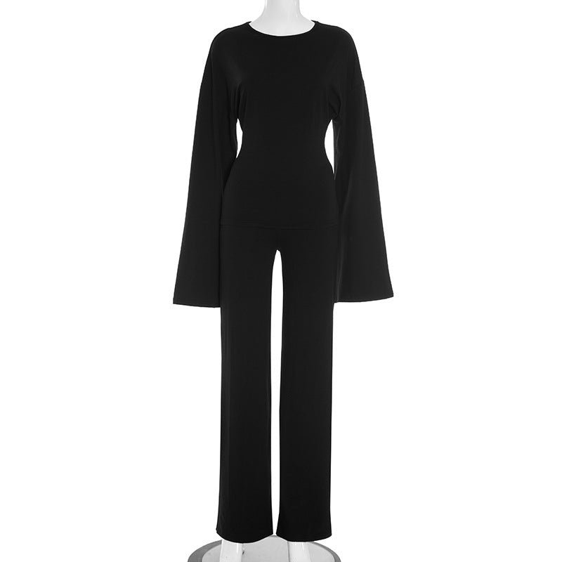Women's Crew-neck Long-sleeve Straight-leg Pants Set