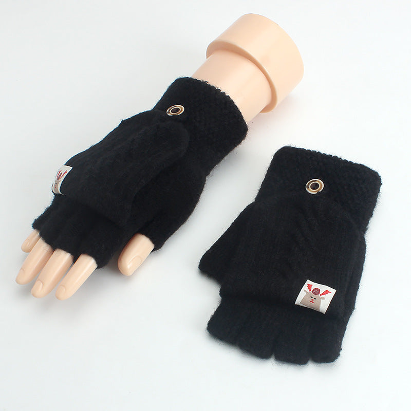 Thin Woolen Knitted Solid Color Clamshell Half-Finger Gloves