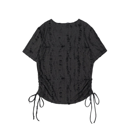 Butterfly Embroidered Korean Drawstring Half Sleeve Top