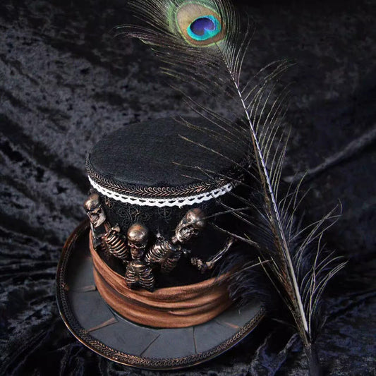Skull On Stage Steampunk Peacock-feather Pirate Top Hat