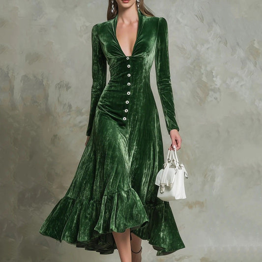 Solid-color Buttoned Lapel Long-sleeve Waist-cinching Dress