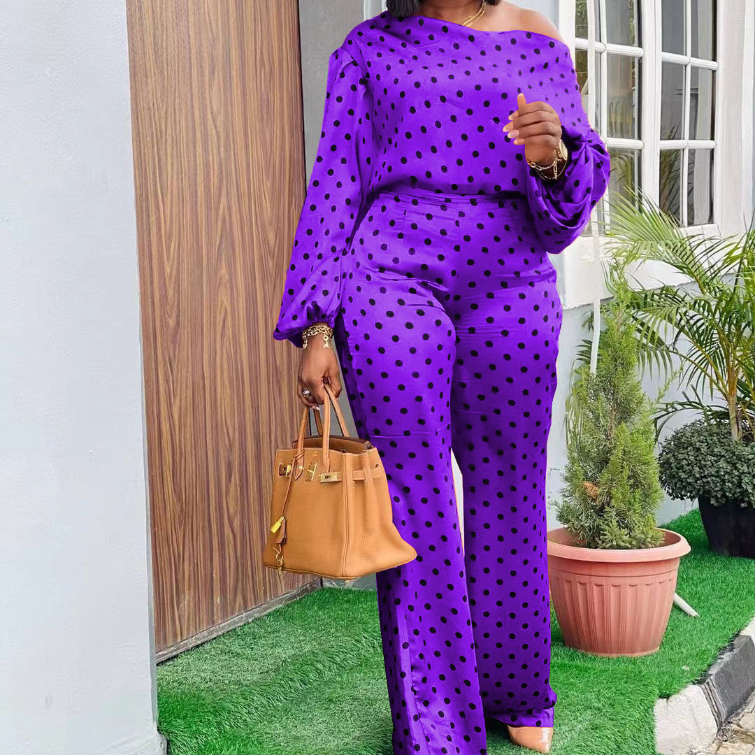 Polka Dot Printed Long-sleeved Trousers Casual Fashion Loose Shoulder Suit
