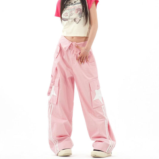Women's Flanging Overalls Striped All-matching Straight Loose Trousers