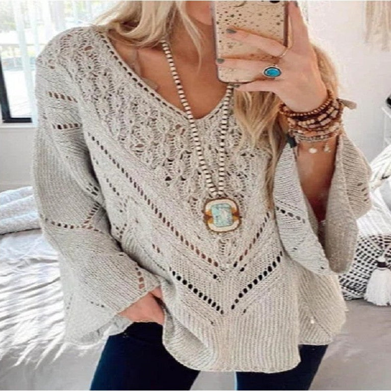 Women's Solid Color Cutout V-Neck Flared Sleeve Knit Sweater