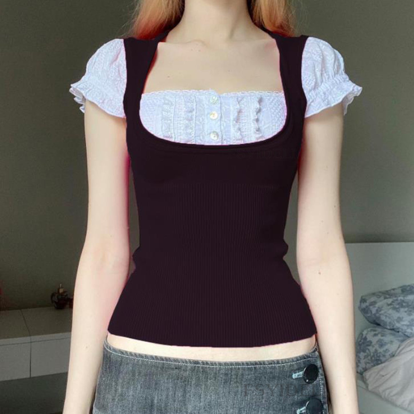Women's Square Collar Lace Patchwork Knitted Short Sleeve