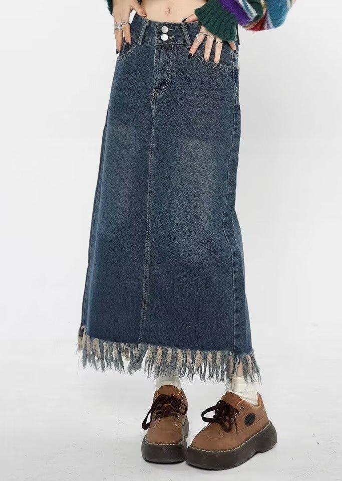 Plus Size Tassel Half-length Denim Women's Hong Kong Style Autumn High Waist Slimming A- Line Long Overknee Skirt