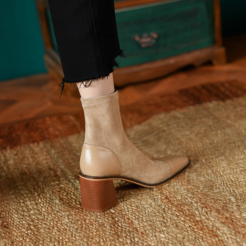 Front Zipper Leather Stitching Stretch Boots
