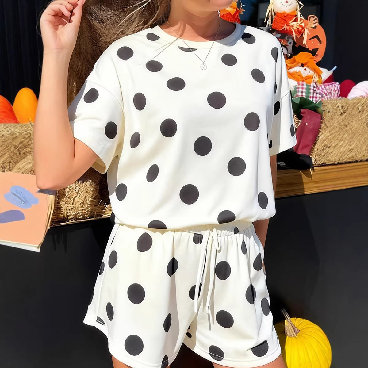 Loose-fitting Short-Sleeve Two-Piece Set For Women Polka-Dot Printed Casual