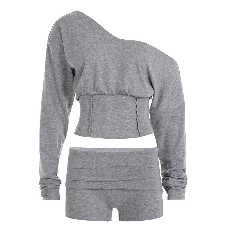 Womens Fashionable Simple Casual Off-Shoulder Long-Sleeve Set