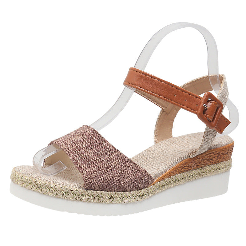 New Style Ankle-Strap Jute-Soled Lightweight Casual Fishmouth Wedge Sandals For Women