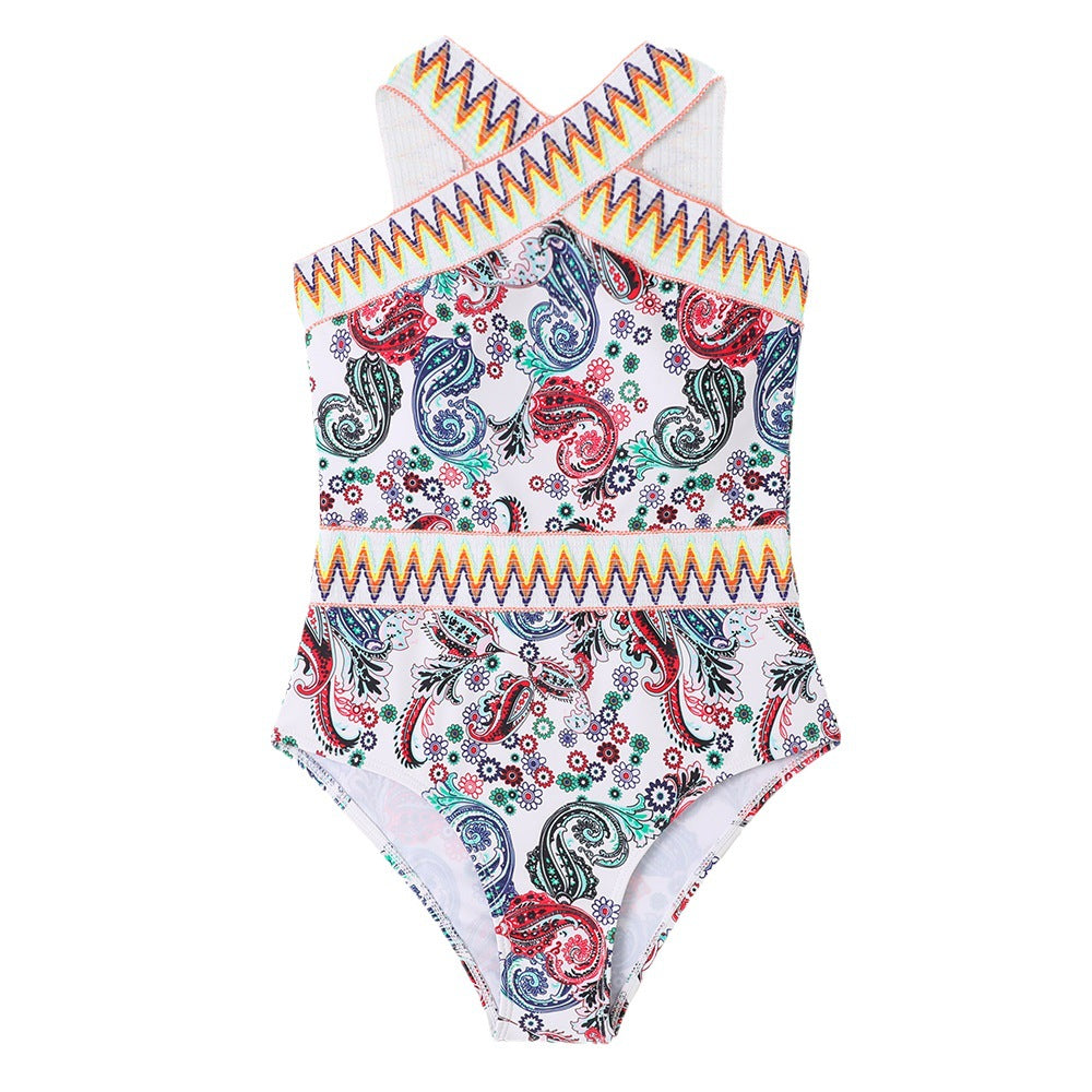 European And American One-piece New Swimsuit Knitted Belt Printed Halter