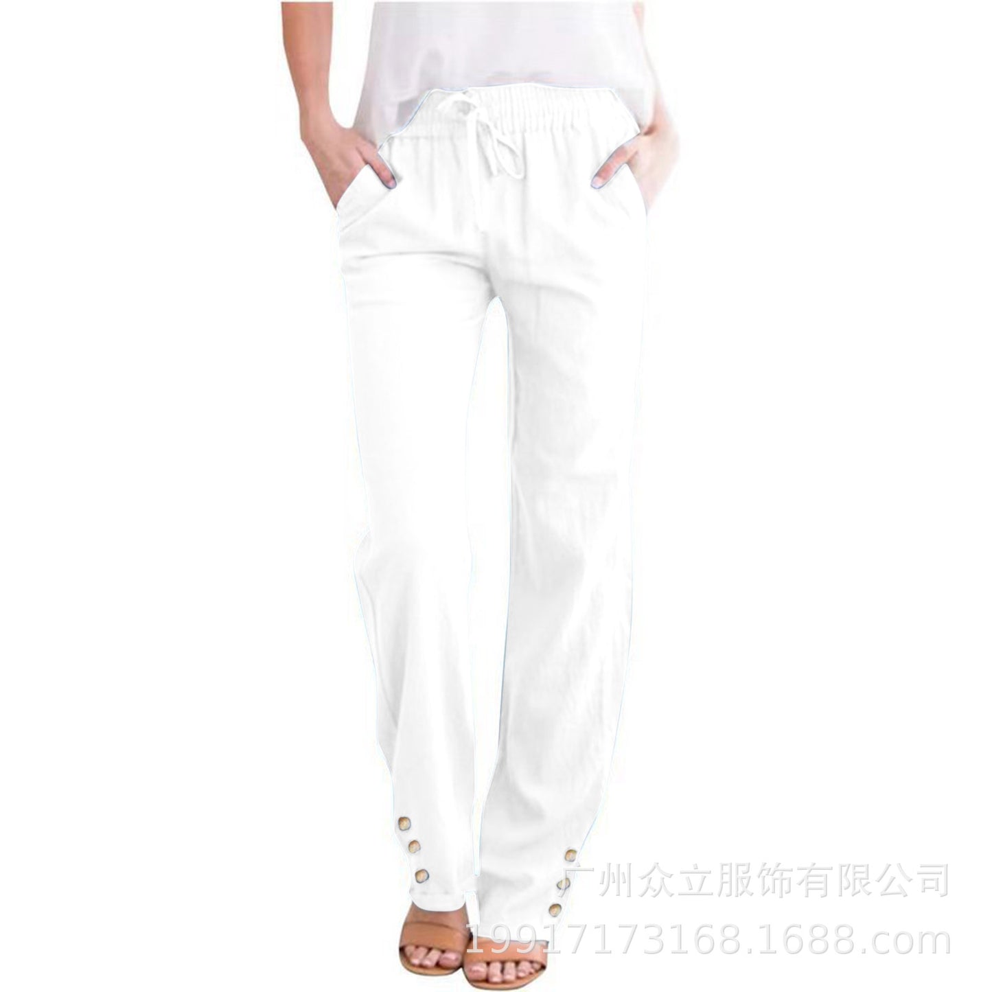 Solid Color Cotton And Linen Loose Drawstring Button Casual Wide-leg Trousers