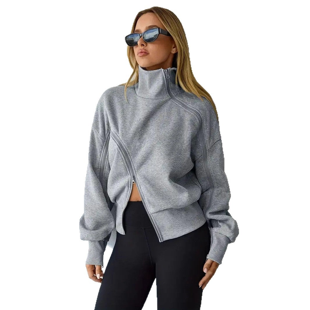 Contrast-color Zipper Short Chic Mock-neck Hoodie