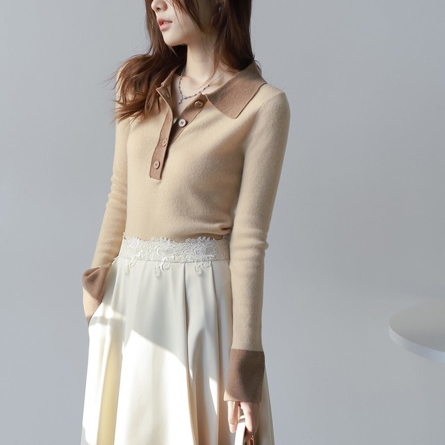 French Style Polo Collar Knitted Bottoming Shirt Long Sleeve Contrast Color Slim Fit Sweater