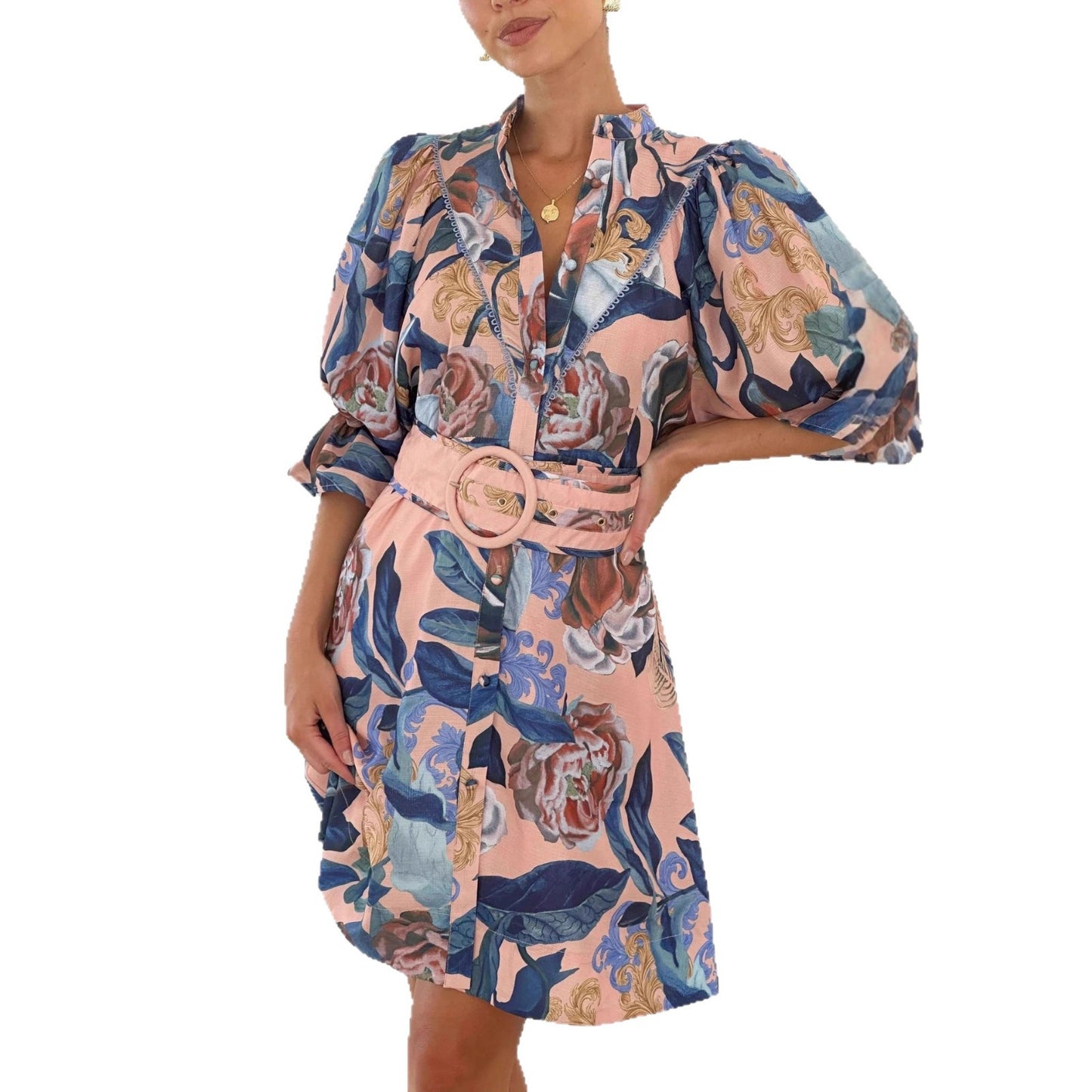 Stylish All-matching Linen Dress With A Chic Print And Lace Trim