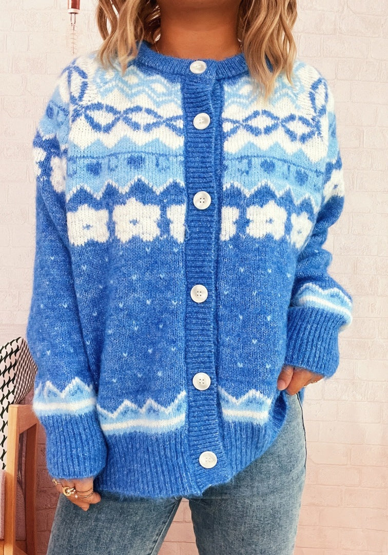 Retro Ethnic Style Knitted Jacquard Coat Round Neck Single-breasted Sweater
