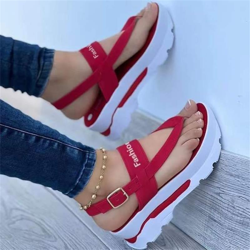 Ladies Thong Platform Heightened Solid Color Buckle Velcro Sandals