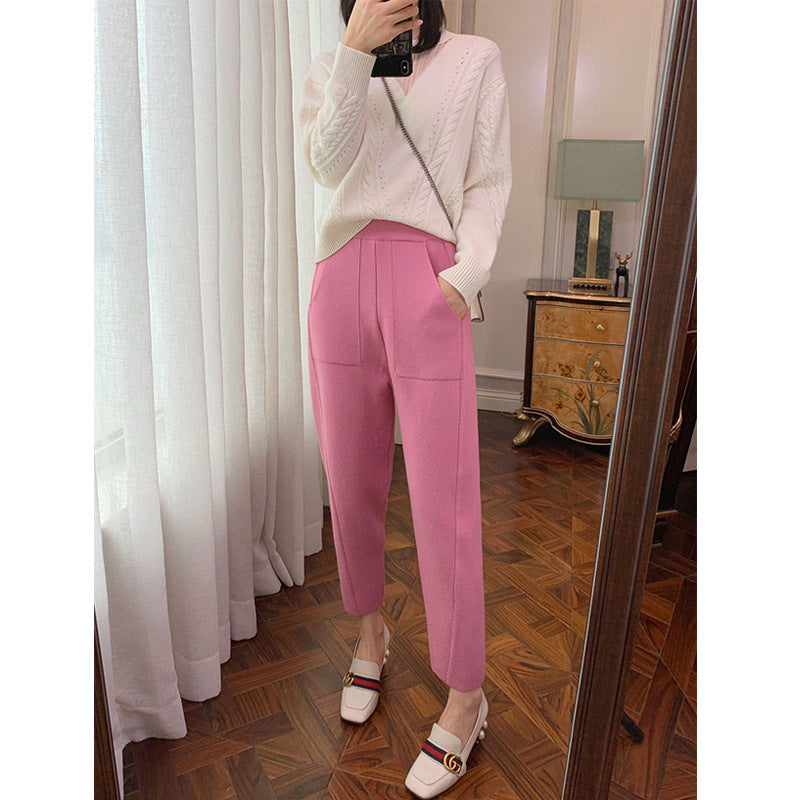 Thick Wool Knit Ladies Carrot Pants Versatile