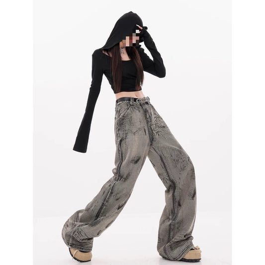 Retro Vasket Jordfarvet Tie-dye Wide-leg Jeans til Kvinder