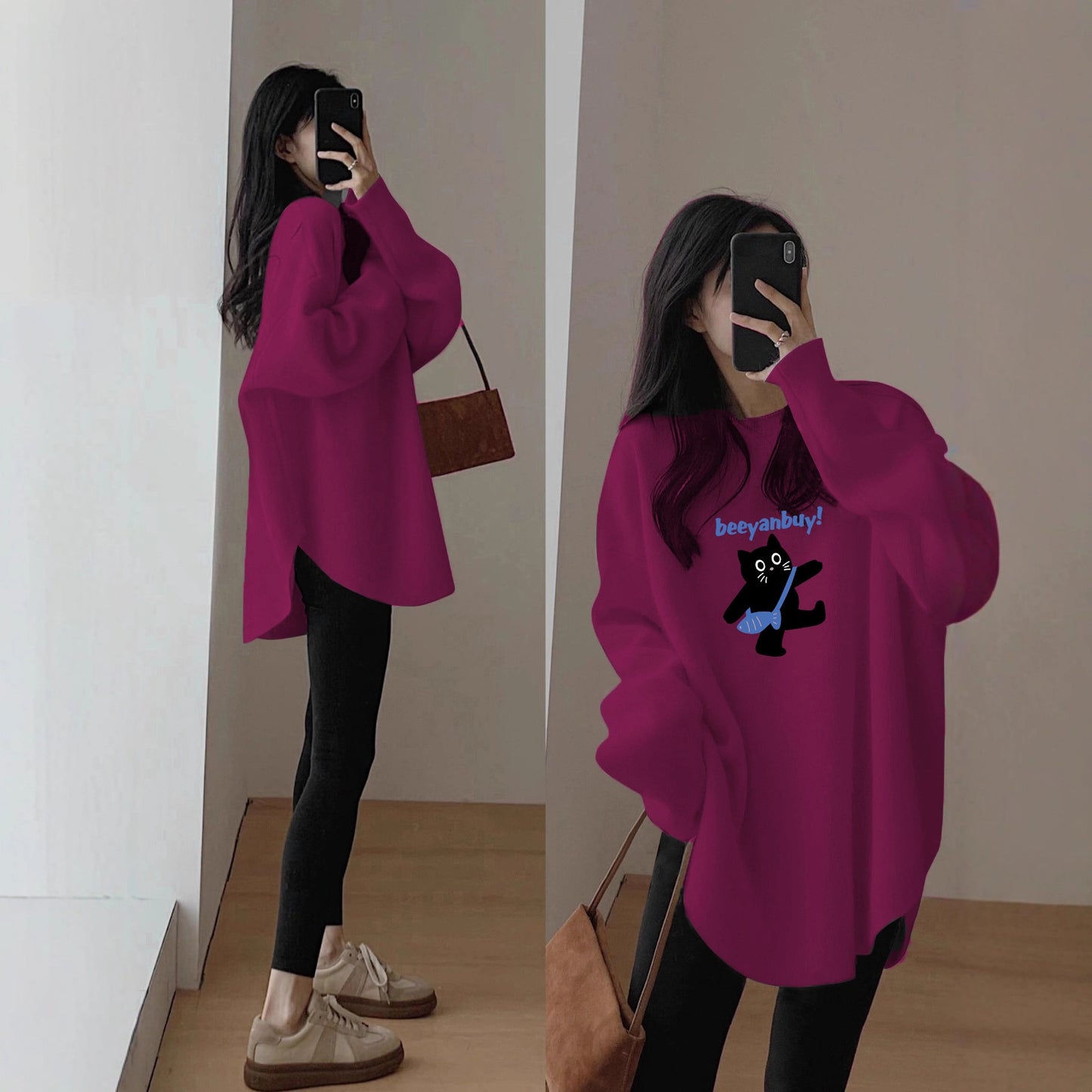 Women's Long Sleeve Loose Mid-length Round Neck Slim And Versatile Base Shirt
