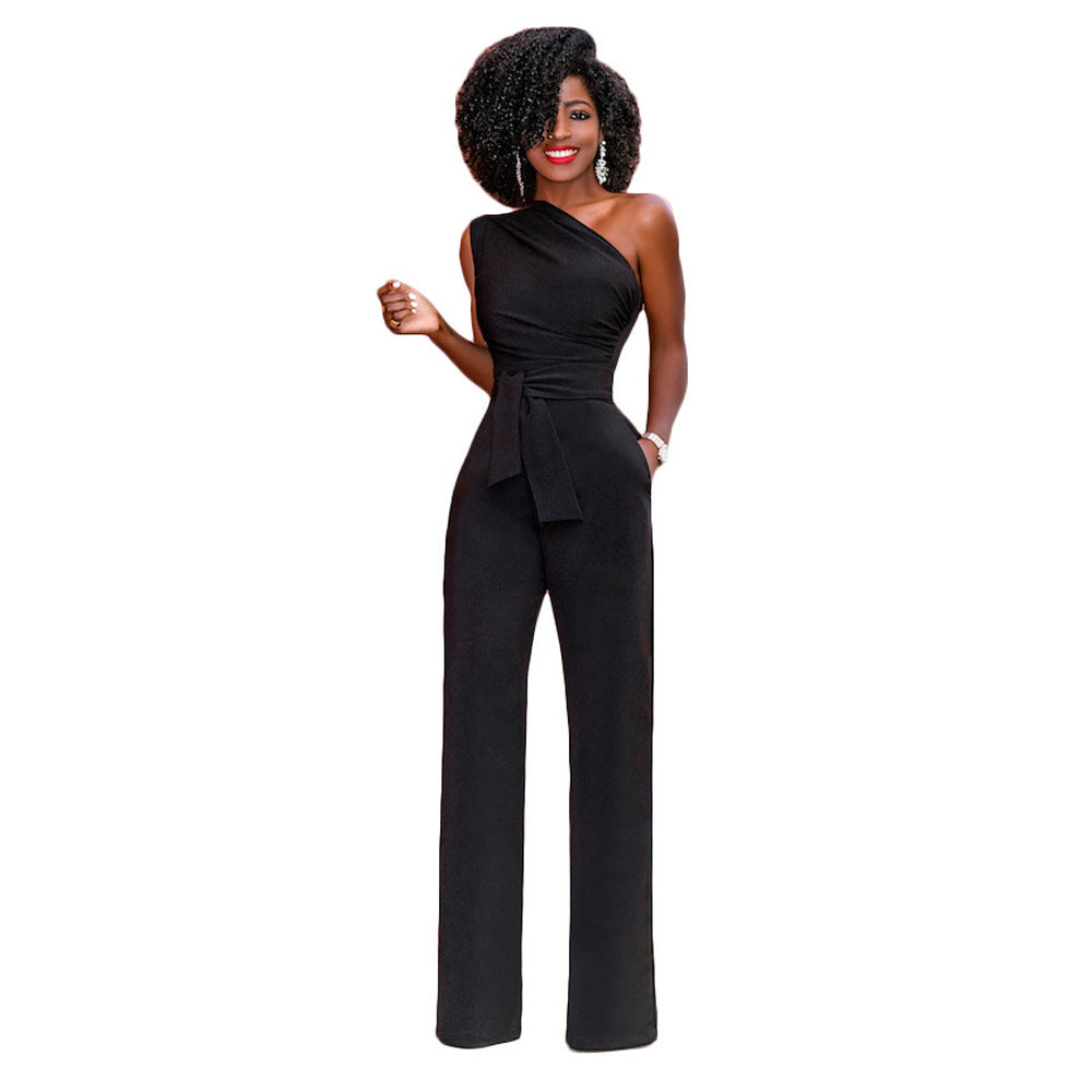 Solid-color Slanted-collar Buttoned Jumpsuit With Wide Legs
