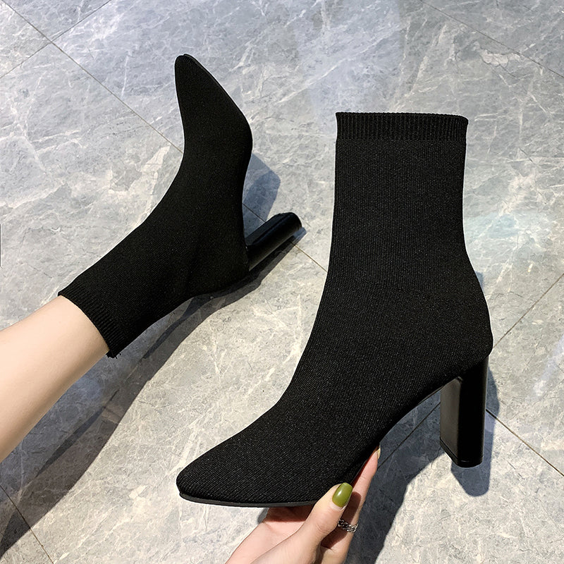 Short Tube Stretch Yarn Pointed High Heels