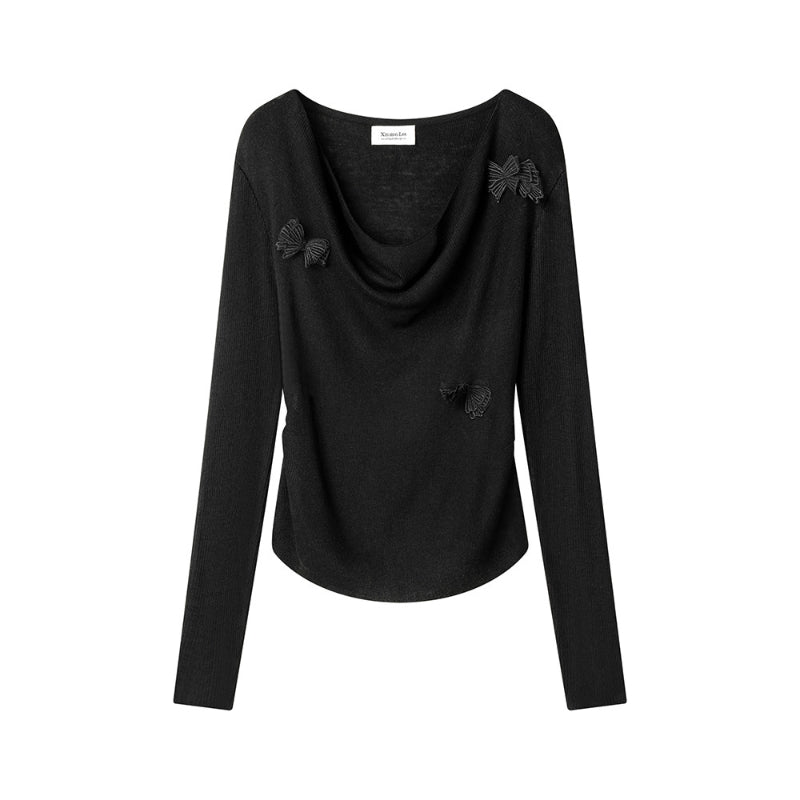 Sweet Pink 3D Butterfly Age-Reducing Knitted Top Long-Sleeve T-Shirt That Slims And Flatters Your Figure