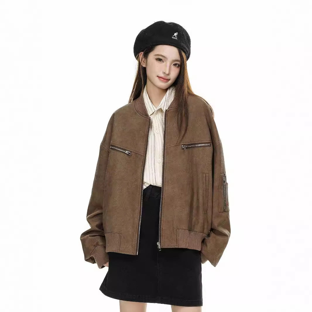 Women's Fashion Casual Imitation Leather Jacket Coat