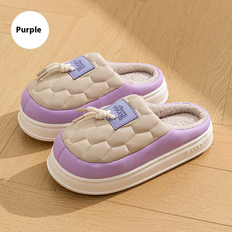 New Colorblock Plush Slippers Winter Warm Fleece Shoes House Indoor Waterproof Thick-soled Home Slipper For Women Men Couple