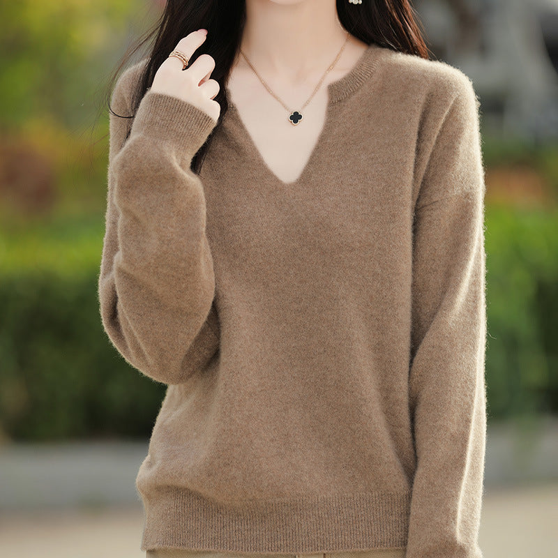 Women's Wool Sweater V-neck Drop-shoulder Pullover