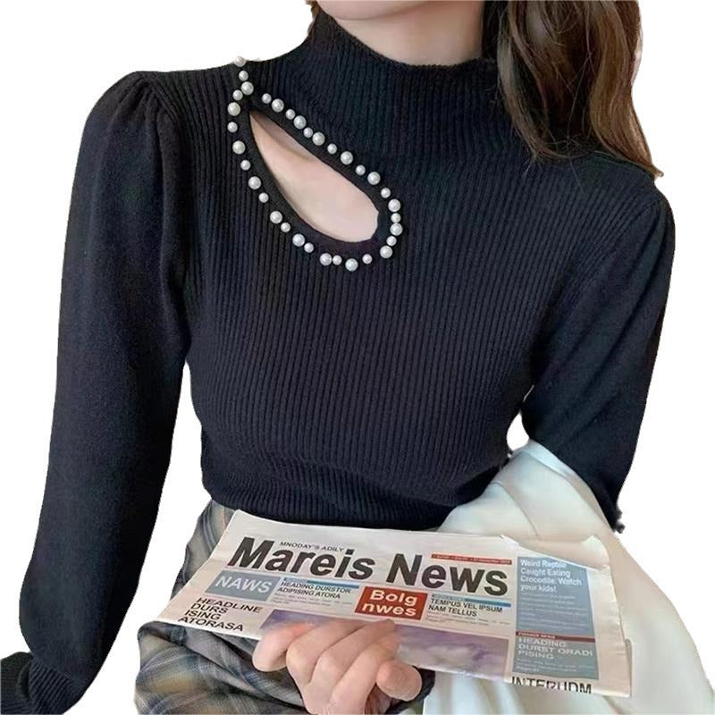 Langærmet underdel med perler, halv rullekrave og pufærmer