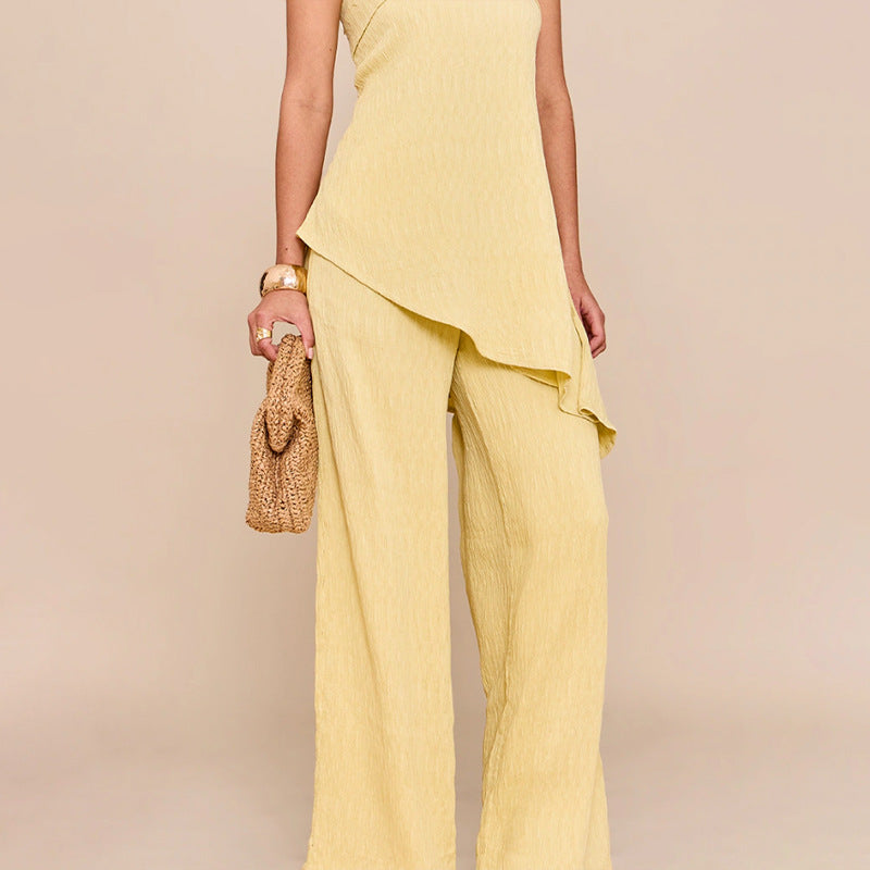 Womens Elegant Sexy Casual Loose Tube Top And Ice Silk Pleated Solid Color Straight Pants Set